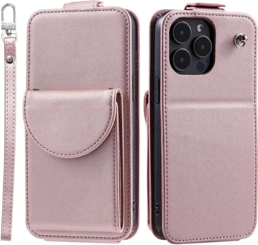 iPhone 15 Pro Vertikalt Kunst Skinn Flip Deksel med Lommebok / Ståfunksjon / Stropp - Rose Gold