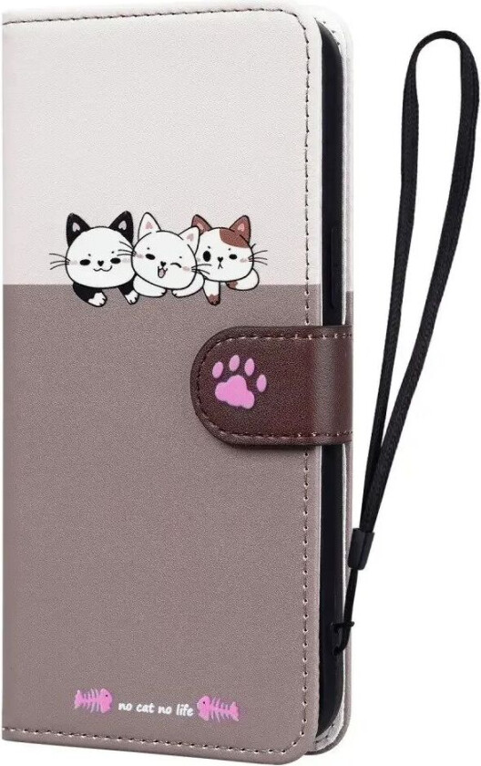 Samsung Galaxy S24+ (Plus) Flip Deksel med Stropp / Ståfunksjon / Kortholder - Hvit / Brun (katter)