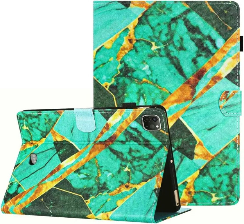 iPad Air (2022 / 2020) / Pro 11 (2022 / 2021 / 2020 / 2018) Kunstskinn Deksel m. Stativfunksjoner & Kortholder - Grønn / Gull Marmor