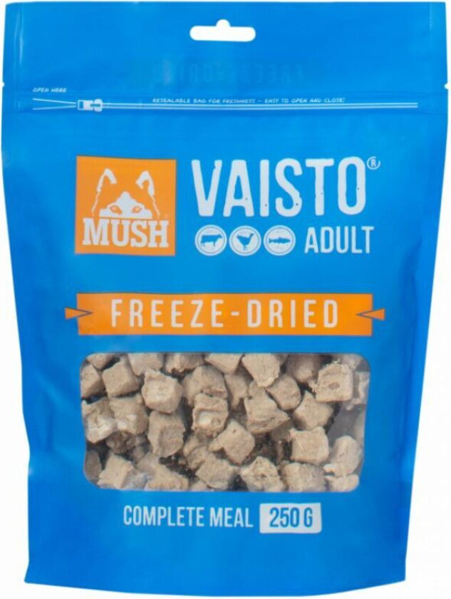 Vaisto Frysetørket Hundefôr Storfe, Kalkun og Laks 250 g