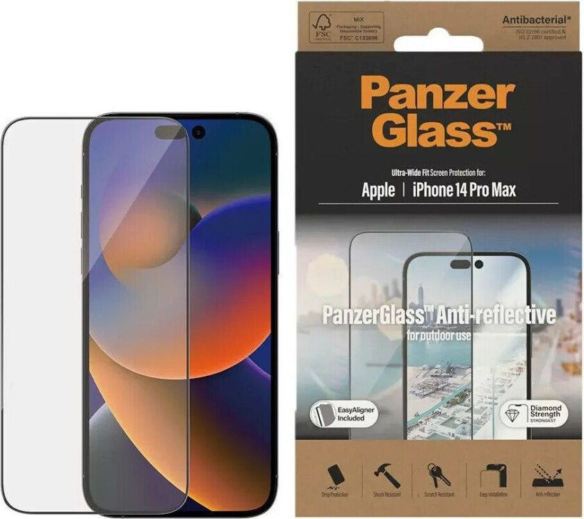 iPhone 14 Pro Max AntiBacterial Ultra Wide Fit Skjermbeskyttelsesglass - AntiReflective m. Monteringsram - Diamond Strength - Svart Kant