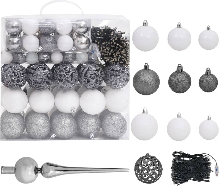 Julekulesett 120 deler med topp og 300 LED hvit og grå