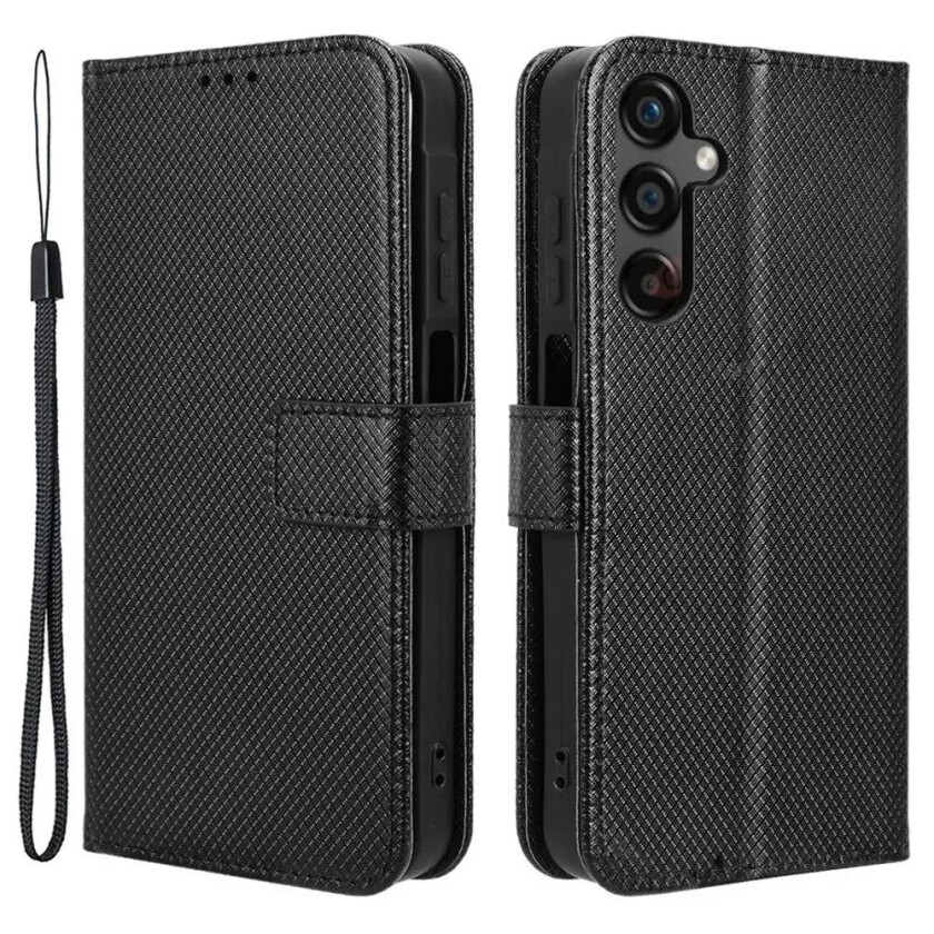Samsung Galaxy A25 (5G) Kunstskinn Flippdeksel m. Stropp & Tekstur - Svart