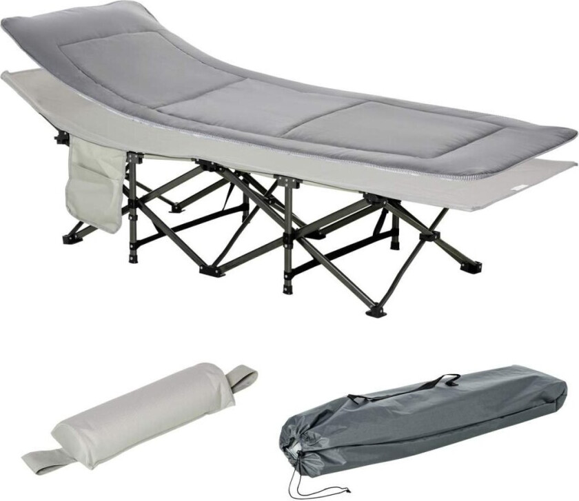 campingseng, feltseng, sammenleggbar seng med pute, sidelomme, madrass, lys grå, opptil 150 kg