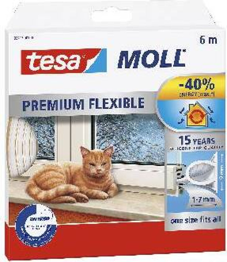 Tesa Tesamoll Premium Flexible Tetningstape silikon, 6m, 9 mm x 7 mm Hvit