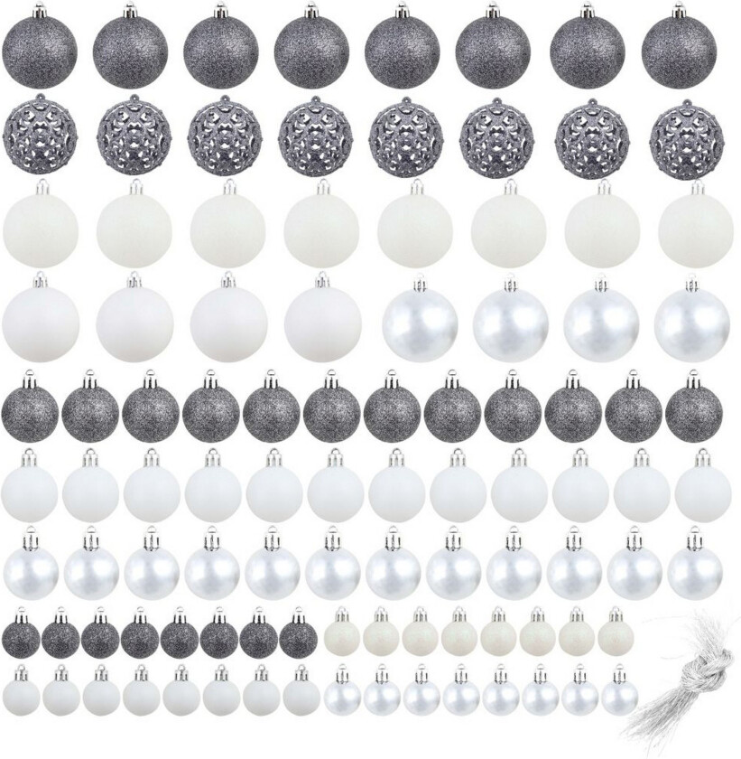 Julekulesett 3/4/6 cm 100 stk hvit/grå