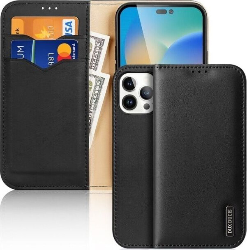 Dux Ducis Hivo Leather Flip Deksel Lommebok i ekte skinn for kort og ID-er iPhone 14 Pro Max Black