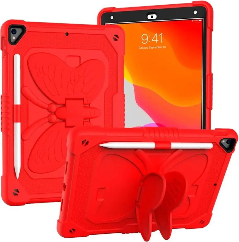 iPad 10.2" (2021/ 2020 / 2019) Butterfly Kickstand Barnedeksel - Rød