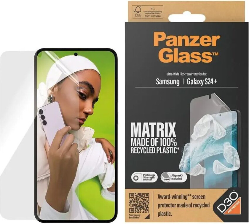 Samsung Galaxy S24+ (Plus) Matrix AntiBacterial Ultra Wide Fit Skjermbeskyttelse - AlignerKit - Platinum Strength - Gjennomsiktig