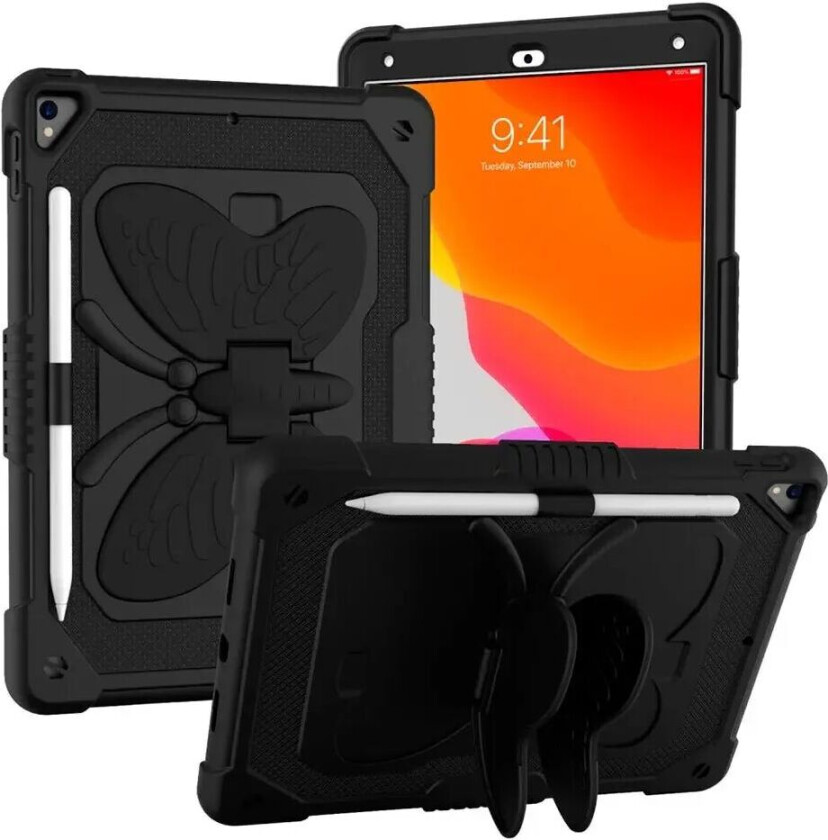 iPad 10.2" (2021/ 2020 / 2019) Butterfly Kickstand Barnedeksel - Svart