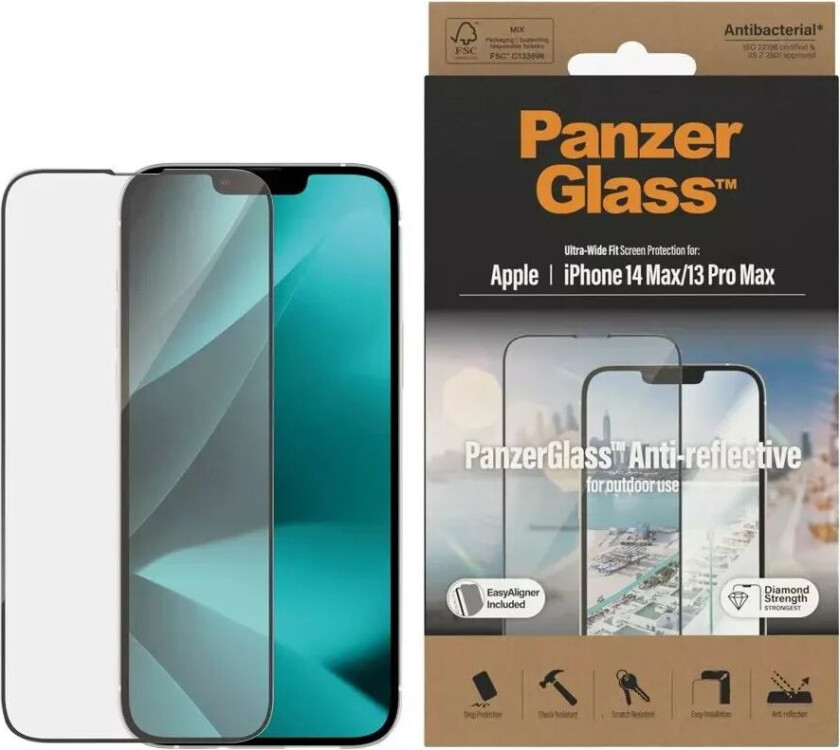 iPhone 14 Plus / 13 Pro Max AntiBacterial Ultra Wide Fit Skjermbeskyttelsesglass - AntiReflective - EasyAligner - Diamond Strength