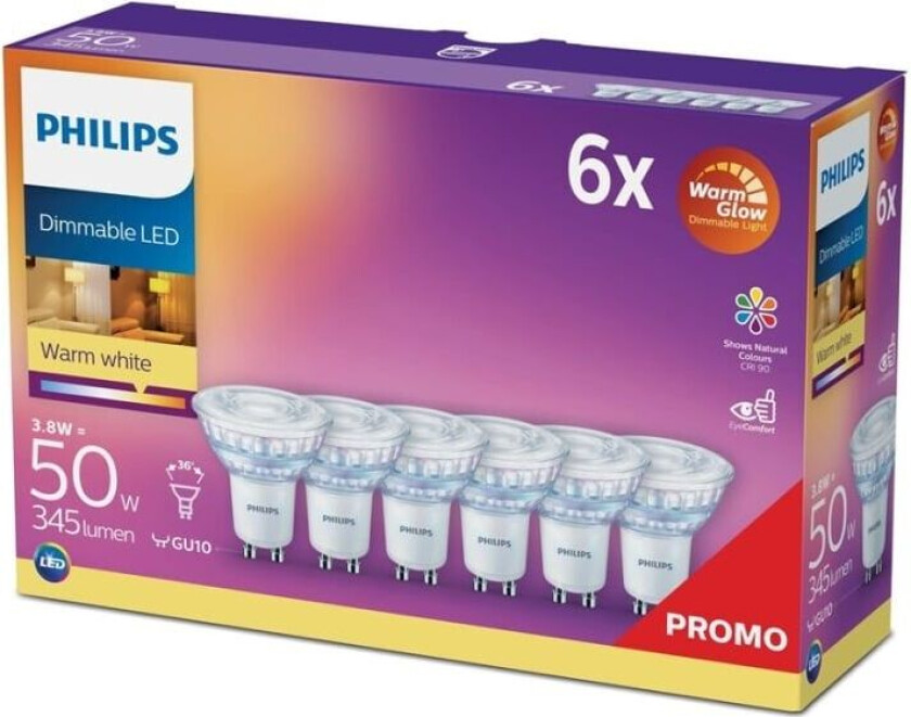 Led Gu10 3,8 Watt (50 Watt) Kan Dimmes Varmhvit 6-pakning