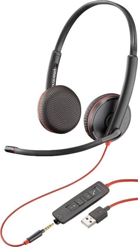 Poly Blackwire 3225 - Blackwire 3200 Series - hodesett - on-ear - kablet - aktiv støydemping - USB, 3,5 mm jakk - svart - Skype Certified, Avaya Certified, Cisco Jabber Certified