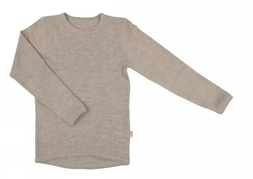 Langermet brun bluse i ullribbe | Joha | Barn | Sesame Mel | størrelse 90 | 100% Merino Ull til