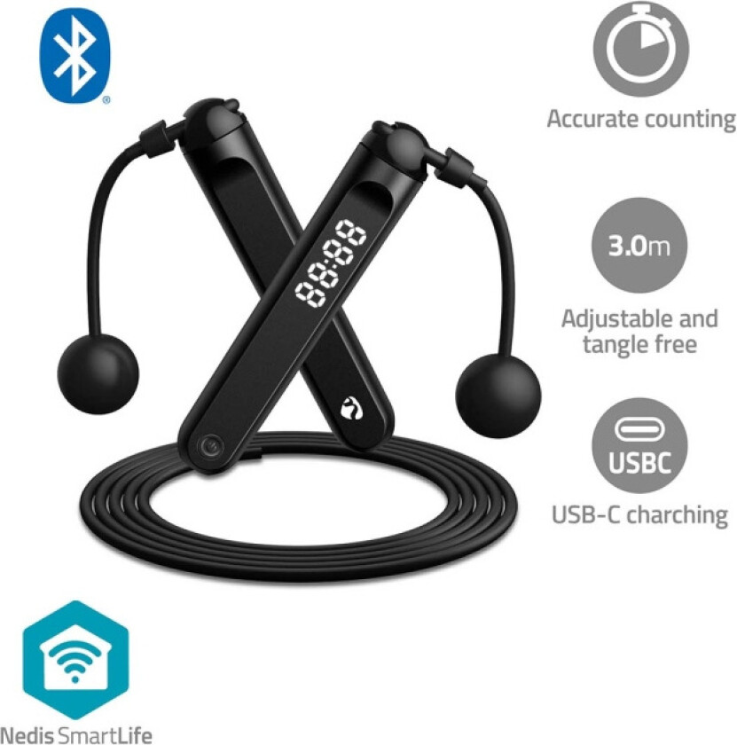 Bilde av Nedis SmartLife Utendørs Sport   Hoppetau   Bluetooth   Dual Hall sensor   LED Vise   PVC   3.00 m   Snøreveske / Trådløse baller   Sort