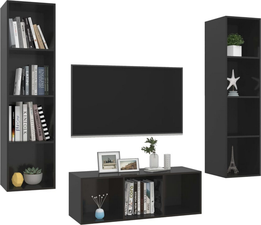 TV-benksett 3 deler høyglans svart sponplate