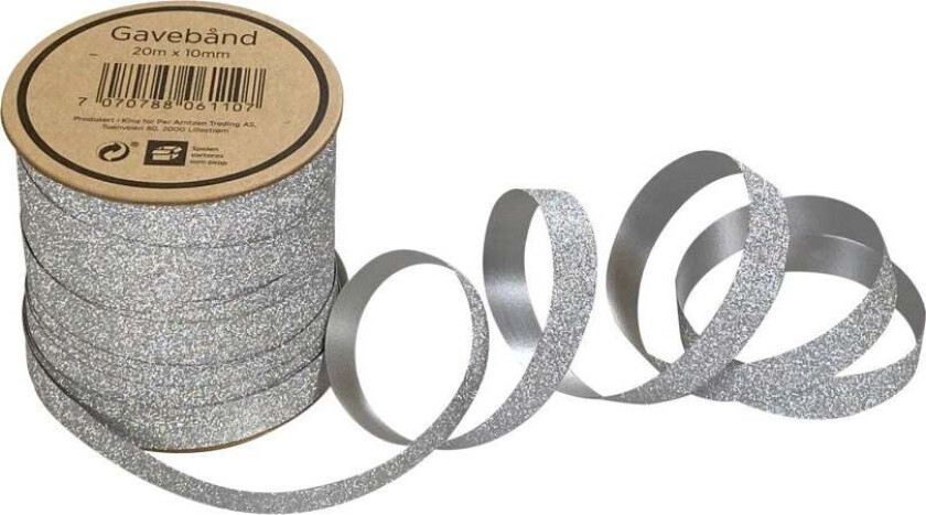 Gavebånd 20m x 10mm sølv glitter