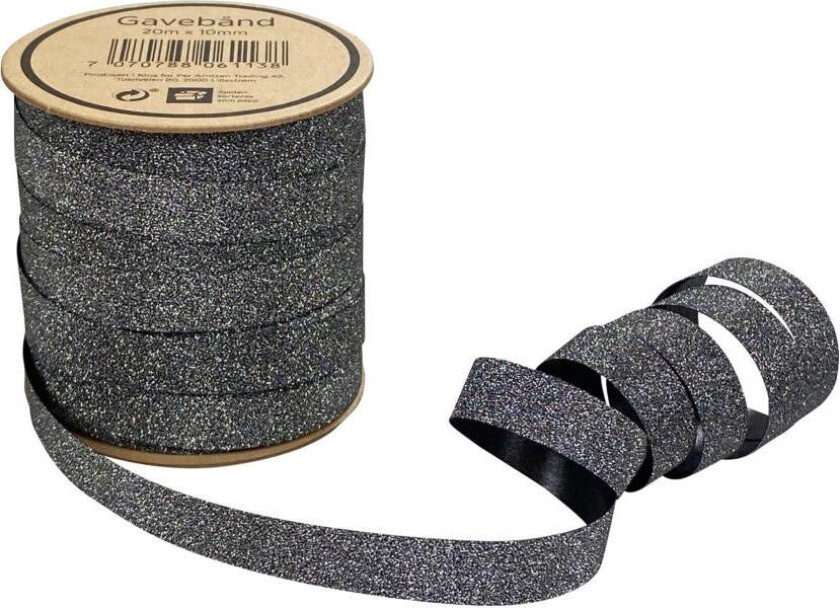 Gavebånd 20m x 10mm gråsort glitter