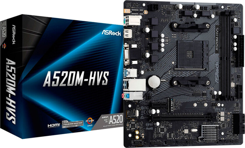 Hovedkort, Asrock, amd a520 (sam4, microatx, 1xpci-express 3.0 1x, 1xpci-express 3.0 16x, 1xm.2, minne ddr4, minnespor 2)