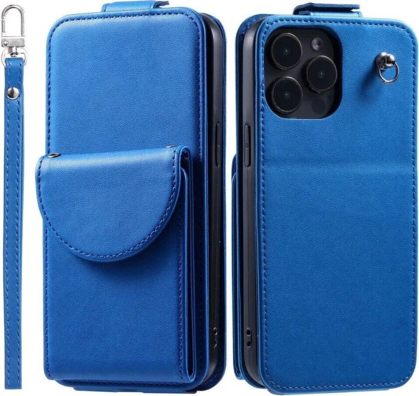 iPhone 15 Pro Vertikalt Kunst Skinn Flip Deksel med Lommebok / Ståfunksjon / Stropp - Blå
