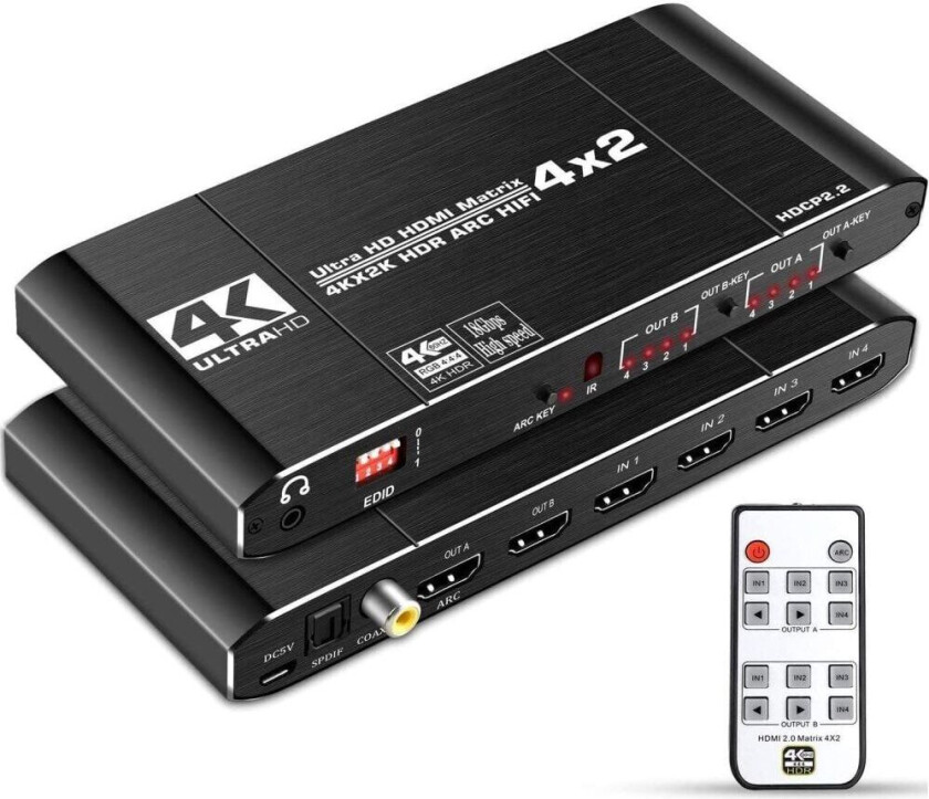 Bilde av NÖRDIC HDMI Matrix Switch 4 til 2 med lydkontaktor og bue, 4kx2k i 60Hz, YUV 4: 4: 4 18Gbps HDCP 2.2, 5.1 Surround, metall