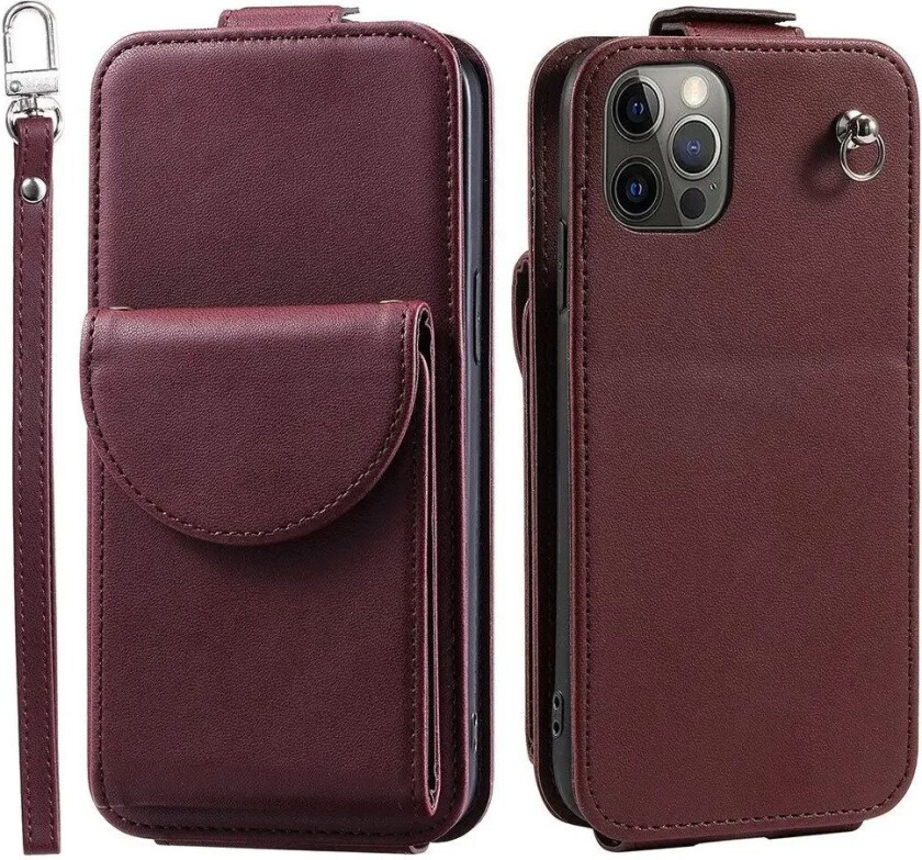 iPhone 12 / 12 Pro Vertikalt Kunst Skinn Flip Deksel med Lommebok / Ståfunksjon / Stropp - Rød