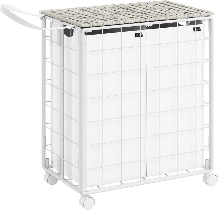 Skittentøyskurv 2 rom, 110L, Sammenleggbar skittentøyskurv med hjul, Vaskeboks, Vaskevogn med lokk, Avtakbar, Vaskepose 57 x 33