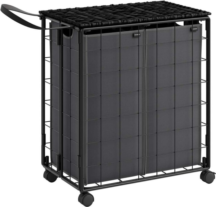 Vaskekurv 2 rom, 110 L, sammenleggbar vaskekurv med hjul, skittentøyskurv med lokk, vaskepose, avtakbar, 57 x 33 x 65 cm, blekk