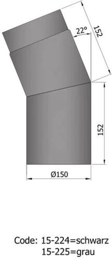 Røykrør vinkel ø150mm 22° kort sort