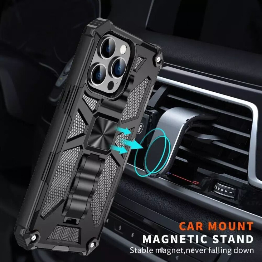 iPhone 14 Pro Hybrid Håndverkerdeksel m. Stativ & Magnet - Svart