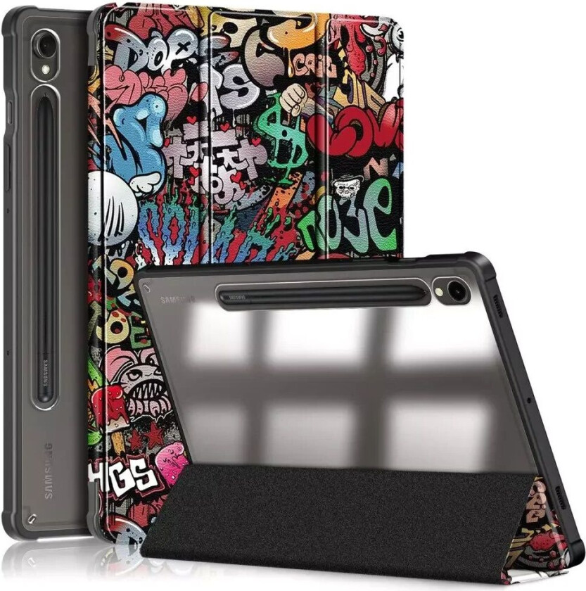 Samsung Tab S9 Tri-Fold Deksel i Kunstskinn med Penneholder - Gjennomsiktig / Graffiti