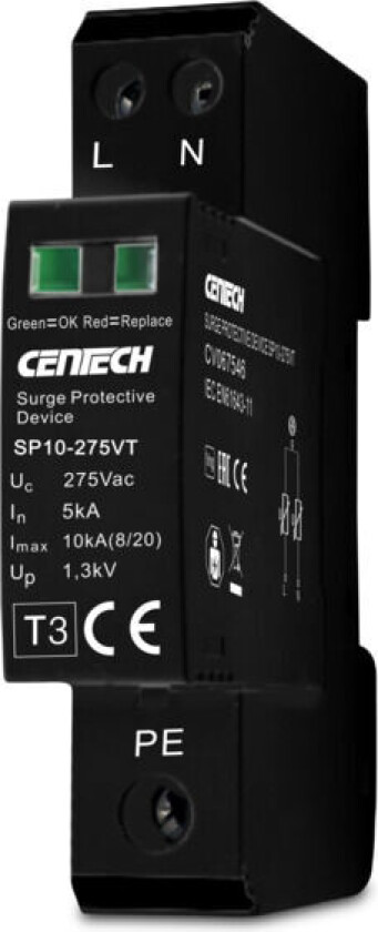 Overspenningsvern 2Pol type3 275V 1 modul m/signalkontakt - 1601205