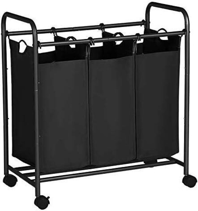 Rullende klesvasksortering, skittentøyskurv med 3 avtakbare poser, vaskevogn, leketøysorganer på hjul, solid, 3 x 44L, svart LSF