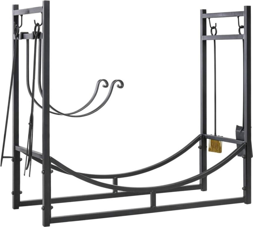 Vedstativ Trestativ Trehylle Med 4 Kroker 2 Lag Metall Svart 84 X 33 X 76 Cm
