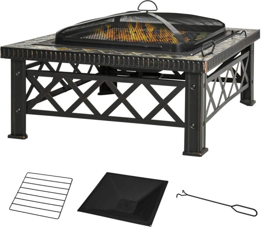 3-I-1 Ildskål Bålkurv Bålpanne Med Gnistbeskyttergrill Rist Isbøtte Hagegrill Svart 76 X 76 X 47 Cm