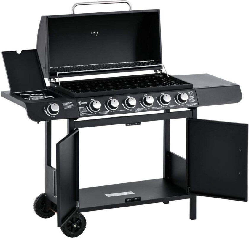 Gass Grill Bbq Grillvogn Med 6 Brennere 1 Sidebrennerskap Multifunksjon Metall Svart 135 X 50 X 100 Cm
