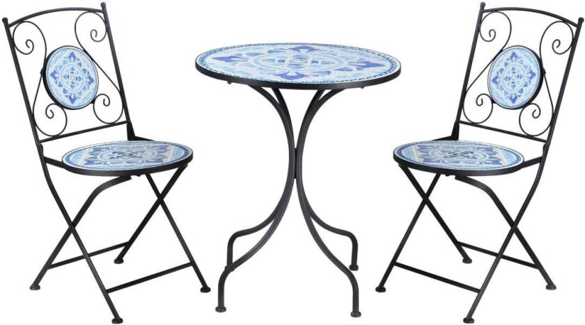 Ø 61 Cm Hage Sittegruppe For 2 Personer Bistrosett 1 Bord + 2 Sammenleggbare Stoler Stålblå