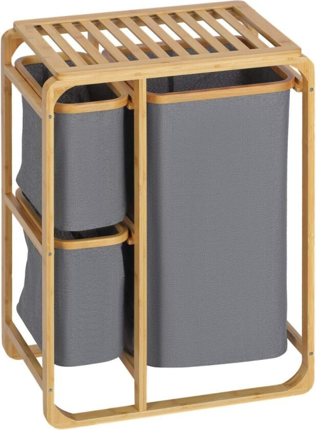 Skittentøyskurv Med Plattform Bambus Vaskekurv Med 3 Avtakbare Vaskeposer, Vaskesortering, Grå+Naturlig, 50X32X69,7Cm