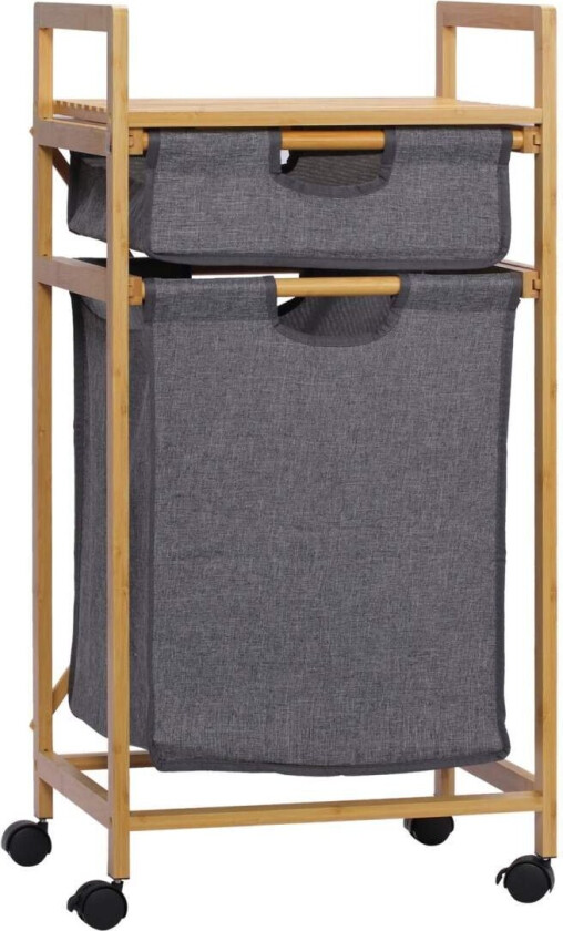Skittentøyskurv Med 2 Stoffposer, Bambusvaskeboks På Hjul, Skittentøyskurv, Oppbevaringskurv, Naturlig Tre + Grå, 42X35X84,5Cm