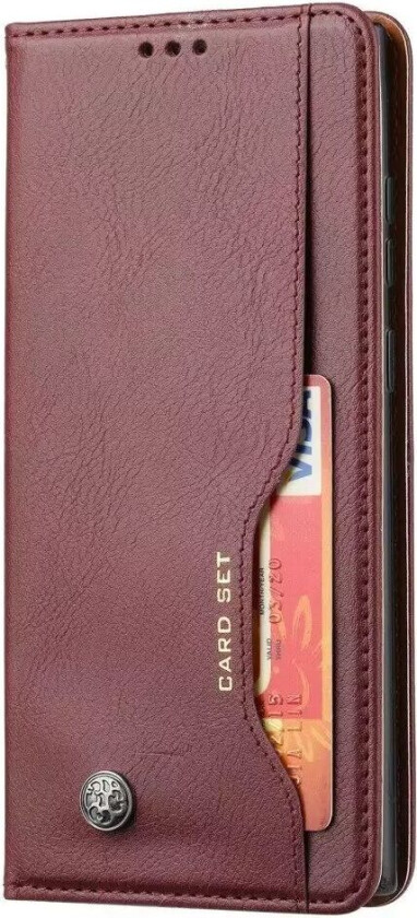 Samsung Galaxy S23 Ultra Flip Deksel i Glanset Kunstskinn med 3 Kortholdere og Frontlomme - Vinrød