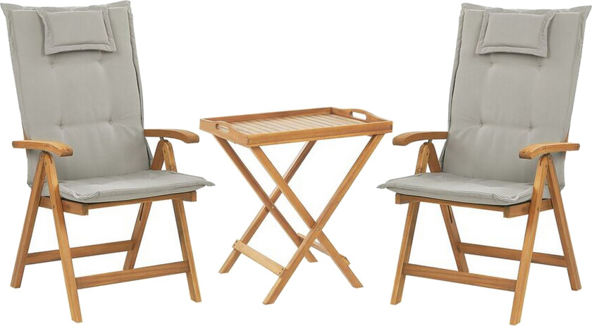 Bistrosett til Hagen Bord Akasietre 2 Stoler med Taupefargede Puter UV-bestandig Sammenleggbar