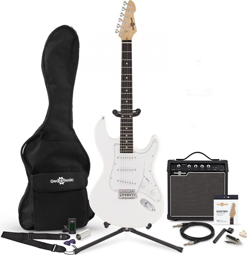 Gear4Music LA Elektrisk Gitar + 15W Komplett Pakke Hvit