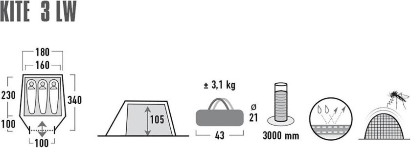 Kite 3 Extra, Camping, Tunell Telt, 3 person(er), Bakkdekke, Grønn