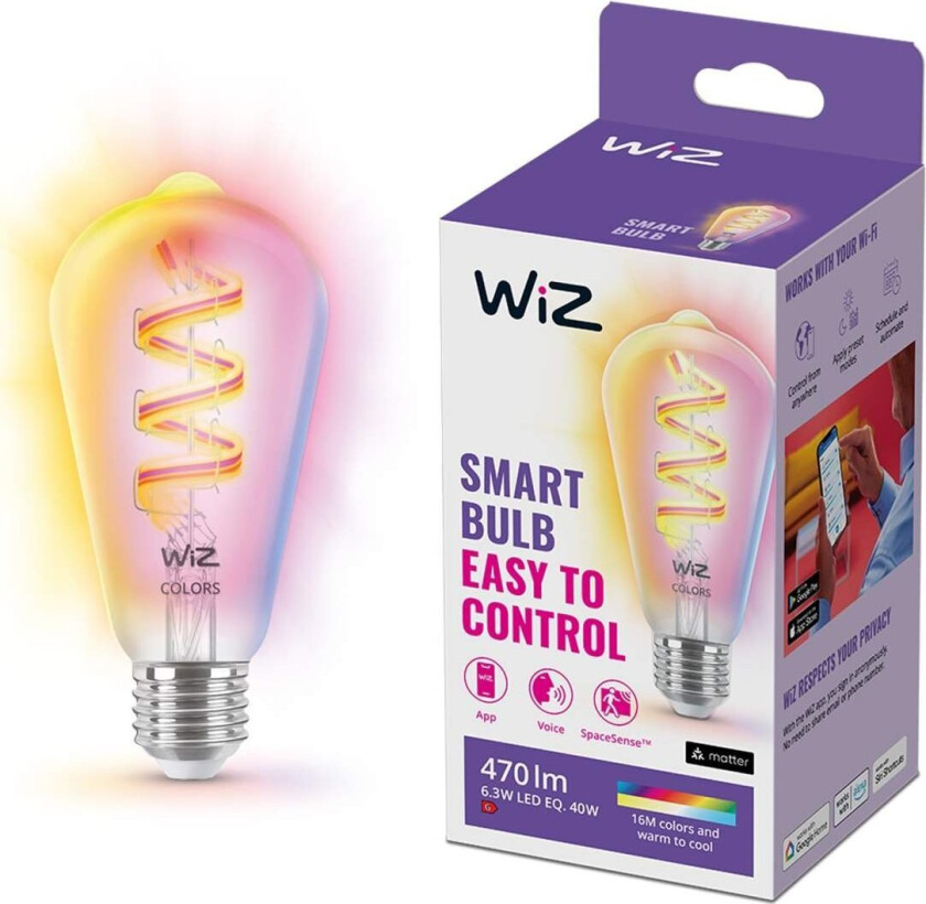 E27 Lyspære filament ST64 6,3W Wifi 2700-6500 Kelvin fullfarge RGB