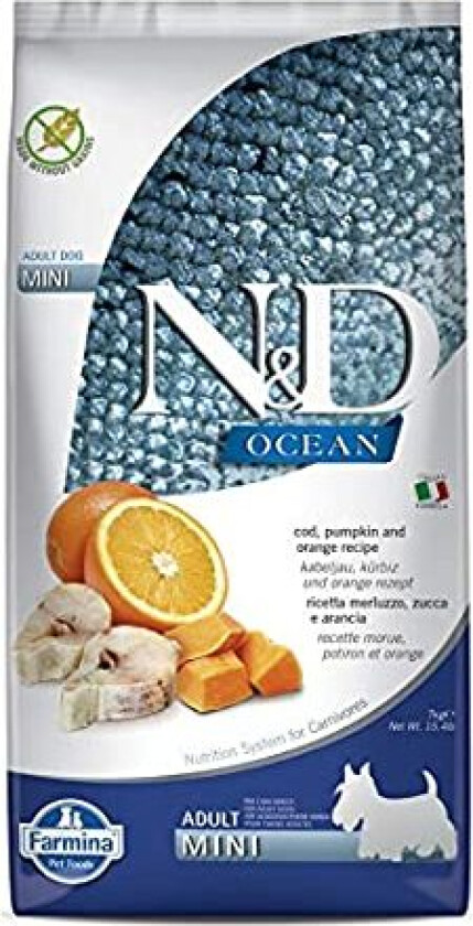 N&D Ocean Cod, Pumpkin & Orange Adult Mini Tørrfôr til hund 7 kg