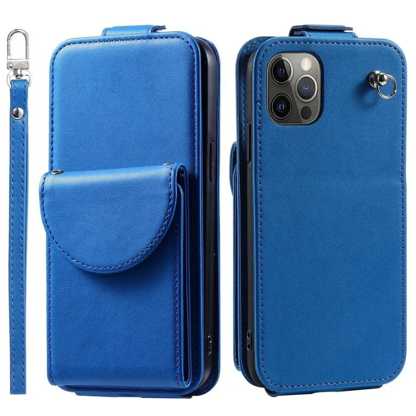 iPhone 12 / 12 Pro Vertikalt Kunst Skinn Flip Deksel med Lommebok / Ståfunksjon / Stropp - Blå