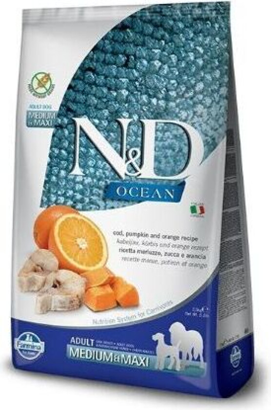 N&D Ocean Pumpkin Codfish & Orange Adult Med/Max Tørrfôr til hund 2,5 kg