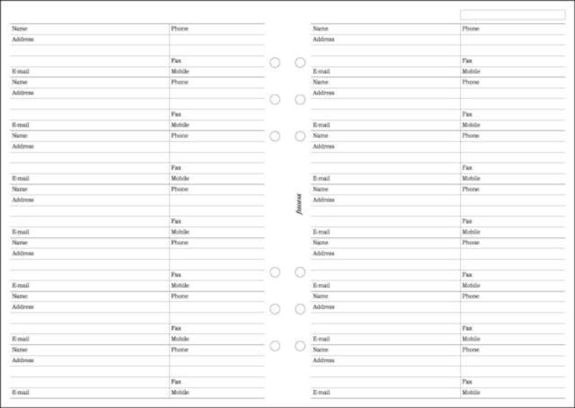 Filofax A5 Name, address, email, telephone, fax, mobile refill