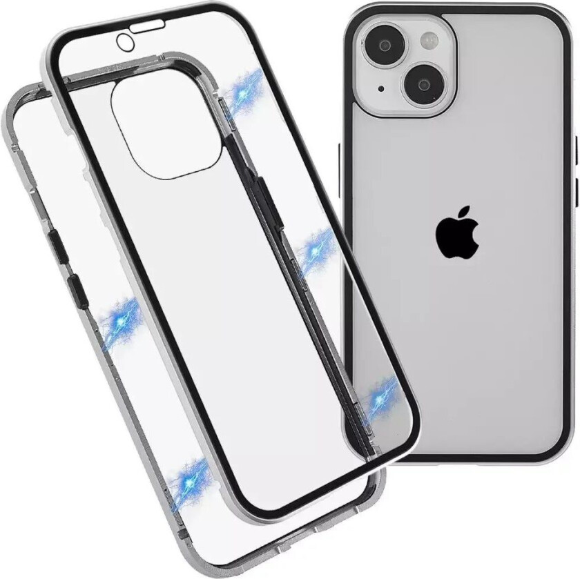 iPhone 14 Deksel med Magnetisk Metallkant Glass- Foran og Bak - Sølv