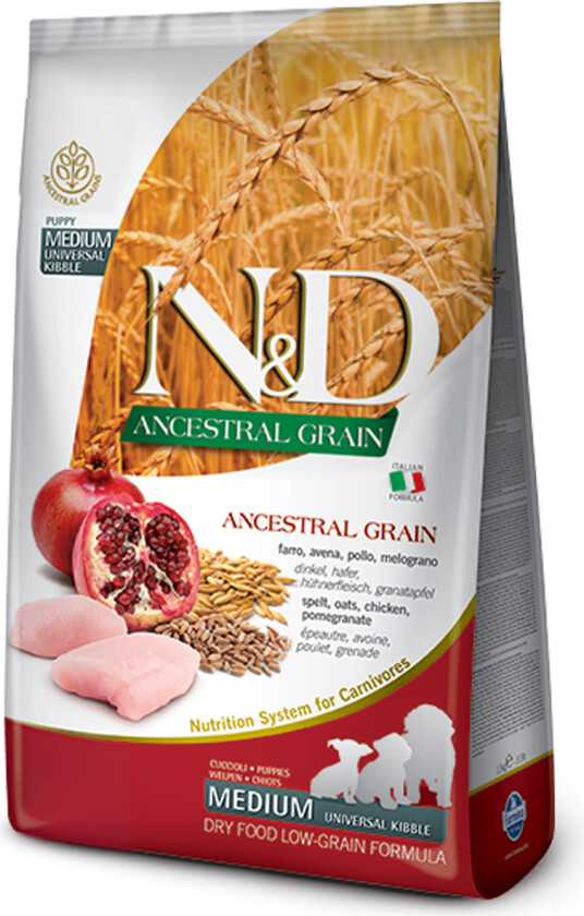 N&D Ancestral Grain Chicken & Pomegranate Puppy Medium/Maxi Tørrfôr til valp 12 kg